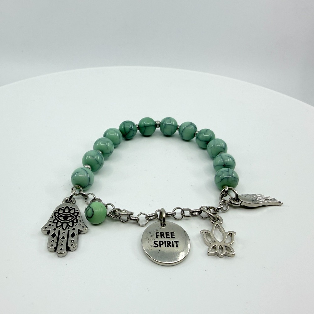 VTG Green Turquoise Howlite Hamsa Charm Bracelet Silver Tone Free Spirit
